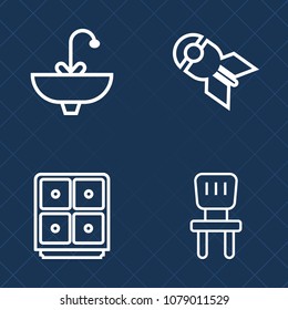 Premium set of outline vector icons. Such as clean, armchair, chair, military, liquid, war, bomb, bank, wet, chrome, bathroom, home, sink, metal, white, banking, currency, weapon, business, falling