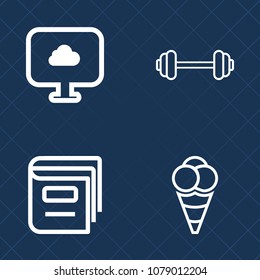 Premium set of outline vector icons. Such as woman, gym, paper, bookstore, sign, cold, sportive, active, book, dessert, exercise, cloud, literature, white, strength, physical, activity, technology