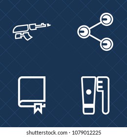 Premium set of outline vector icons. Such as toothpaste, education, encyclopedia, gun, clean, automatic, war, book, read, school, sign, toothbrush, hygiene, brush, assault, library, internet, military