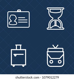 Premium set of outline vector icons. Such as travel, identity, hourglass, journey, countdown, male, flow, case, timer, minute, summer, modern, measure, plastic, suitcase, accessory, name, vacation, id