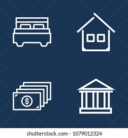 Premium set of outline vector icons. Such as residential, house, blue, bed, greek, pillow, double, furniture, bedroom, building, tourism, money, construction, finance, property, investment, home, sign