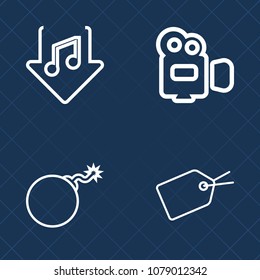 Premium set of outline vector icons. Such as danger, black, video, film, camcorder, web, sound, discount, camera, shop, lens, explosion, handle, weapon, falling, computer, television, bomb, technology