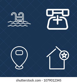 Premium set of outline vector icons. Such as sign, home, rent, blue, residential, swimming, summer, sun, call, architecture, navigation, location, apartment, house, healthy, pin, receiver, direction