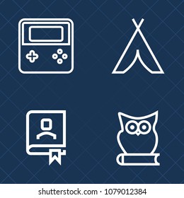 Premium set of outline vector icons. Such as travel, organizer, telephone, tourism, owl, adventure, cute, technology, white, business, nature, art, button, note, bird, background, notebook, computer