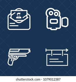 Premium set of outline vector icons. Such as video, mail, billboard, envelope, correspondence, equipment, board, military, send, camcorder, template, movie, professional, white, blank, weapon, lens