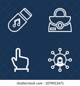 Premium set of outline vector icons. Such as push, audio, handbag, mobile, display, song, music, data, travel, application, holding, click, sign, digital, leather, brown, media, hand, finger, bag
