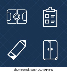 Premium set of outline vector icons. Such as decorative, mark, play, white, web, art, pencil, list, game, sport, football, field, questionnaire, cabinet, write, checklist, lawn, ground, competition