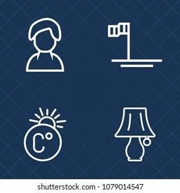 Premium set of outline vector icons. Such as cortes, desk, light, measurement, electric, thermometer, lamp, bulb, meteorology, fahrenheit, sky, landscape, weather, travel, human, baja, silhouette, sea