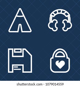 Premium set of outline vector icons. Such as object, gadget, disk, nature, travel, floppy, device, leisure, hiking, tourism, tent, stereo, sign, camp, style, audio, landscape, mountain, internet, web