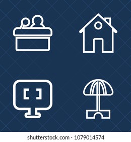 Premium set of outline vector icons. Such as mortgage, audience, technology, beach, object, pc, luxury, internet, business, speech, professional, seminar, monitor, home, lecture, public, umbrella, sun