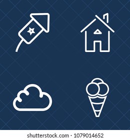 Premium set of outline vector icons. Such as real, firework, cream, celebration, background, building, party, event, door, architecture, food, web, dessert, fire, cloud, technology, connection, ball