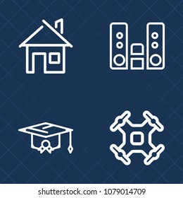 Premium set of outline vector icons. Such as graduate, aerial, home, university, video, achievement, student, sound, helicopter, control, remote, property, college, audio, camera, record, real, player