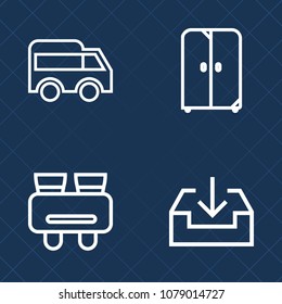 Premium set of outline vector icons. Such as equipment, cupboard, office, apartment, view, car, highway, bedroom, bright, move, house, home, decorative, sign, transportation, direction, top, room, bus