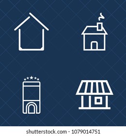 Premium set of outline vector icons. Such as modern, property, bed, accommodation, luxury, cottage, contemporary, reception, entrance, roof, beautiful, window, exterior, travel, holiday, hotel, estate