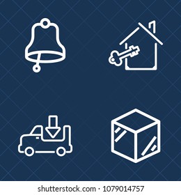 Premium set of outline vector icons. Such as container, home, shipping, 3d, apartment, template, alert, morning, buy, cardboard, estate, alarm, house, sale, transport, property, cargo, transportation