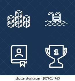 Premium set of outline vector icons. Such as box, phone, note, industry, book, swimming, award, delivery, commercial, place, blue, store, address, achievement, relax, healthy, office, hotel, factory