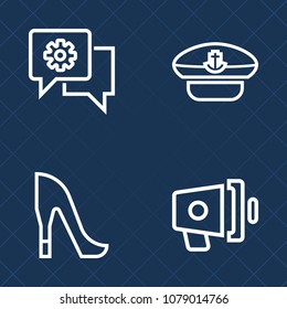 Premium set of outline vector icons. Such as white, leather, application, communication, boat, web, mobile, loudspeaker, shoe, business, captain, chat, ship, uniform, announcement, female, loud, navy