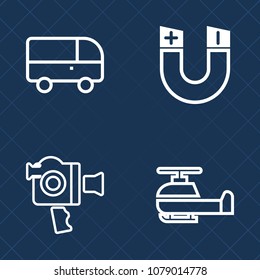 Premium set of outline vector icons. Such as urban, magnet, movie, traffic, camera, fly, speed, chopper, magnetic, video, aviation, force, equipment, travel, city, transport, street, lens, handle, air