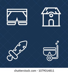 Premium set of outline vector icons. Such as textile, snorkeling, mask, short, summer, housing, sport, battle, antique, underwater, white, exterior, sword, real, weapon, modern, building, fashion, sea
