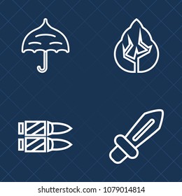 Premium set of outline vector icons. Such as outdoor, season, steel, object, danger, environment, blade, bullet, park, open, bullets, safety, autumn, war, parasol, weather, army, concept, growth, ammo