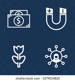 Premium set of outline vector icons. Such as communication, investment, attract, garden, cash, dollar, nature, education, coin, magnet, business, summer, pole, flower, field, bank, money, petal, blue