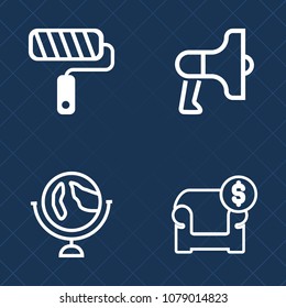Premium set of outline vector icons. Such as wall, voice, communication, globe, tool, audio, couch, furniture, object, decoration, announcement, brush, home, modern, geography, planet, speaker, white