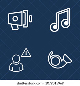 Premium set of outline vector icons. Such as online, alert, announcement, saxophone, loudspeaker, voice, communication, jazz, instrument, element, audio, message, music, megaphone, alarm, sound, web
