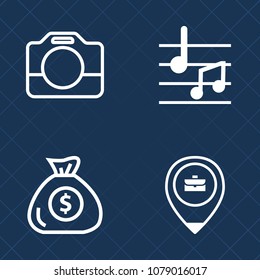 Premium set of outline vector icons. Such as people, graphic, money, work, movie, sound, camcorder, banking, profit, clef, bank, melody, cash, key, job, handle, investment, currency, television, video