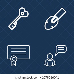 Premium set of outline vector icons. Such as chat, house, secure, person, safe, message, internet, wrench, graduation, social, document, access, construction, shovel, achievement, elegant, lock, award