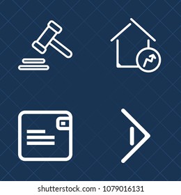 Premium set of outline vector icons. Such as purse, criminal, growth, house, next, courthouse, finance, sale, judgment, money, modern, authority, law, web, legal, courtroom, estate, court, price, real