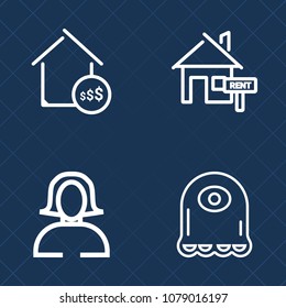 Premium set of outline vector icons. Such as pretty, mortgage, price, animal, beauty, housing, home, cute, woman, toy, sale, fashion, portrait, halloween, market, investment, face, growth, alien, real