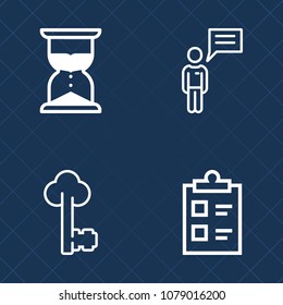 Premium set of outline vector icons. Such as timer, vintage, choice, hour, talk, countdown, social, lock, steel, minute, sand, metal, message, watch, glass, people, mark, security, checklist, test