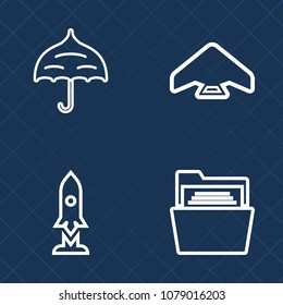 Premium set of outline vector icons. Such as spaceship, galaxy, file, weather, blank, empty, skydiver, object, landing, skydive, white, parachute, fly, exploration, spacecraft, accessory, science, air