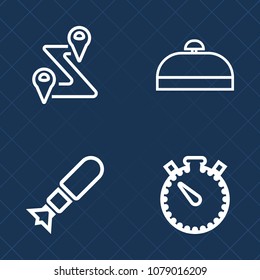 Premium set of outline vector icons. Such as sign, war, travel, journey, route, explosive, nuclear, trip, explosion, minute, navigation, case, atomic, timer, tourist, suitcase, summer, location, tour