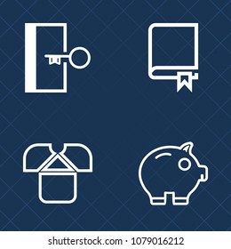 Premium set of outline vector icons. Such as library, book, money, currency, arrow, information, dictionary, danger, cash, knowledge, safety, bank, school, doorway, encyclopedia, background, exit