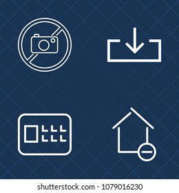 Premium set of outline vector icons. Such as storage, technology, warning, protection, happy, bank, ban, banking, photography, picture, steel, business, safety, box, arrow, lock, cardboard, sign, safe