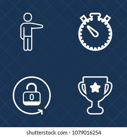 Premium set of outline vector icons. Such as open, safe, unlock, clock, people, young, pointing, hour, first, place, white, countdown, ribbon, competition, achievement, hand, male, professional, award