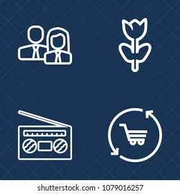 Premium set of outline vector icons. Such as play, petal, blossom, sound, music, teamwork, floral, store, business, bloom, company, player, garden, wedding, spring, audio, work, person, people, group