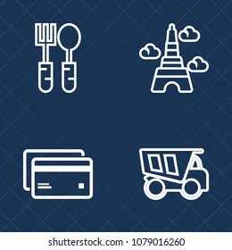 Premium set of outline vector icons. Such as dinner, dump, cargo, urban, silverware, payment, paris, meal, french, vehicle, buy, card, banking, cutlery, tipper, landmark, city, tourism, lorry, knife