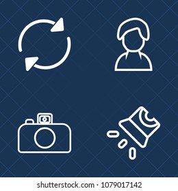 Premium set of outline vector icons. Such as graphic, photo, business, flash, social, movie, human, button, equipment, conference, white, circle, internet, woman, reload, head, film, photography, girl