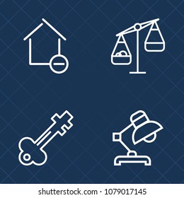 Premium set of outline vector icons. Such as measurement, security, door, box, removal, concept, interior, open, measure, white, balance, table, home, equality, antique, weigh, estate, indoors, new