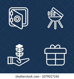 Premium set of outline vector icons. Such as gift, celebration, lock, safe, cooking, hot, protection, gardening, meat, garden, charcoal, grill, christmas, bbq, picnic, growth, safety, birthday, nature