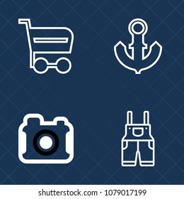 Premium set of outline vector icons. Such as film, men, market, purchase, supermarket, photography, store, image, photo, retail, anchor, photograph, vessel, shop, digital, sea, buy, marine, wear, blue