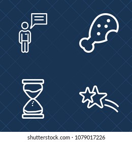 Premium set of outline vector icons. Such as business, countdown, shiny, message, social, clock, watch, measure, glass, sand, chat, people, restaurant, time, leg, bright, food, burger, talk, sandwich