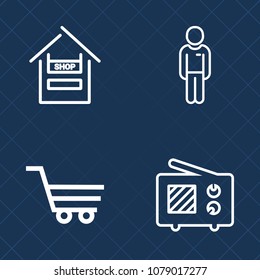 Premium set of outline vector icons. Such as wave, store, casual, man, guy, radio, internet, network, antenna, consumerism, technology, equipment, trolley, signal, supermarket, woman, grocery, young