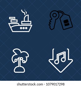 Premium set of outline vector icons. Such as tree, key, music, coconut, home, safe, plant, door, water, secure, internet, button, sign, leaf, military, tropical, house, unlock, weapon, transport, ship