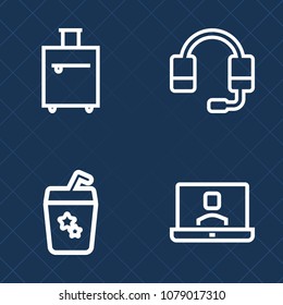 Premium set of outline vector icons. Such as center, people, journey, technology, summer, woman, holiday, sound, juice, fruit, cocktail, computer, microphone, trip, communication, headphone, equipment