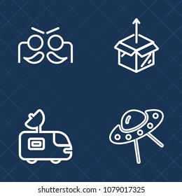 Premium set of outline vector icons. Such as shipping, satellite, man, surprise, carnival, masquerade, space, mask, sign, cardboard, carton, ufo, decoration, invasion, technology, celebration, home