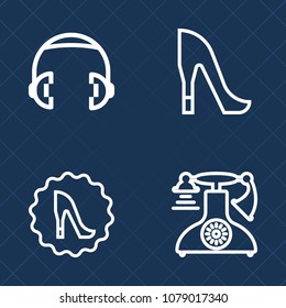 Premium set of outline vector icons. Such as antique, women, dj, white, equipment, telephone, graphic, leather, glamour, black, style, fashion, woman, frame, elegance, volume, girl, stereo, shoe, high