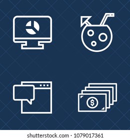 Premium set of outline vector icons. Such as fruit, communicate, communication, fresh, sign, dollar, ice, summer, graph, bank, finance, text, layout, talk, tropical, abstract, coin, cold, speech, chat